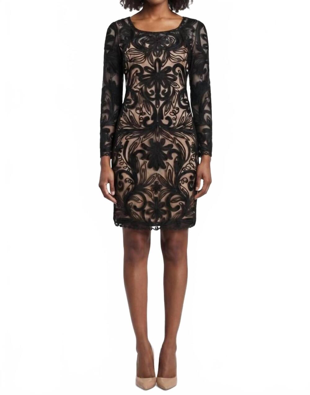 NEW SUE WONG women's sleeve floral embroidered mesh dress in black